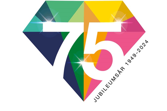 Symbolen för 75-årsjubileumet 2024 i form av en diamant fylld med olika färger.